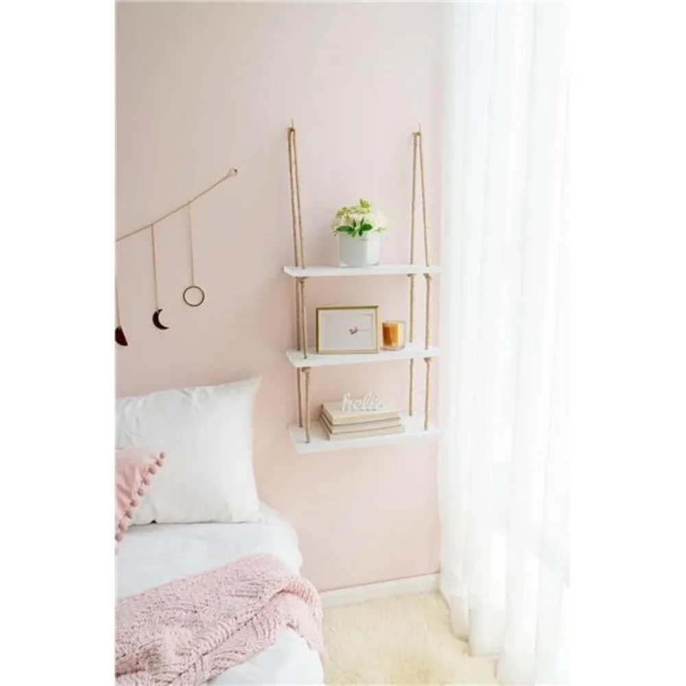 Hanging Shelves 3 Tier White Wood Wall Mount Floating Shelf with Rope Boho Decor